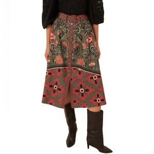 NWT FARM Rio Arabesque Floral Green Buttons Midi Skirt